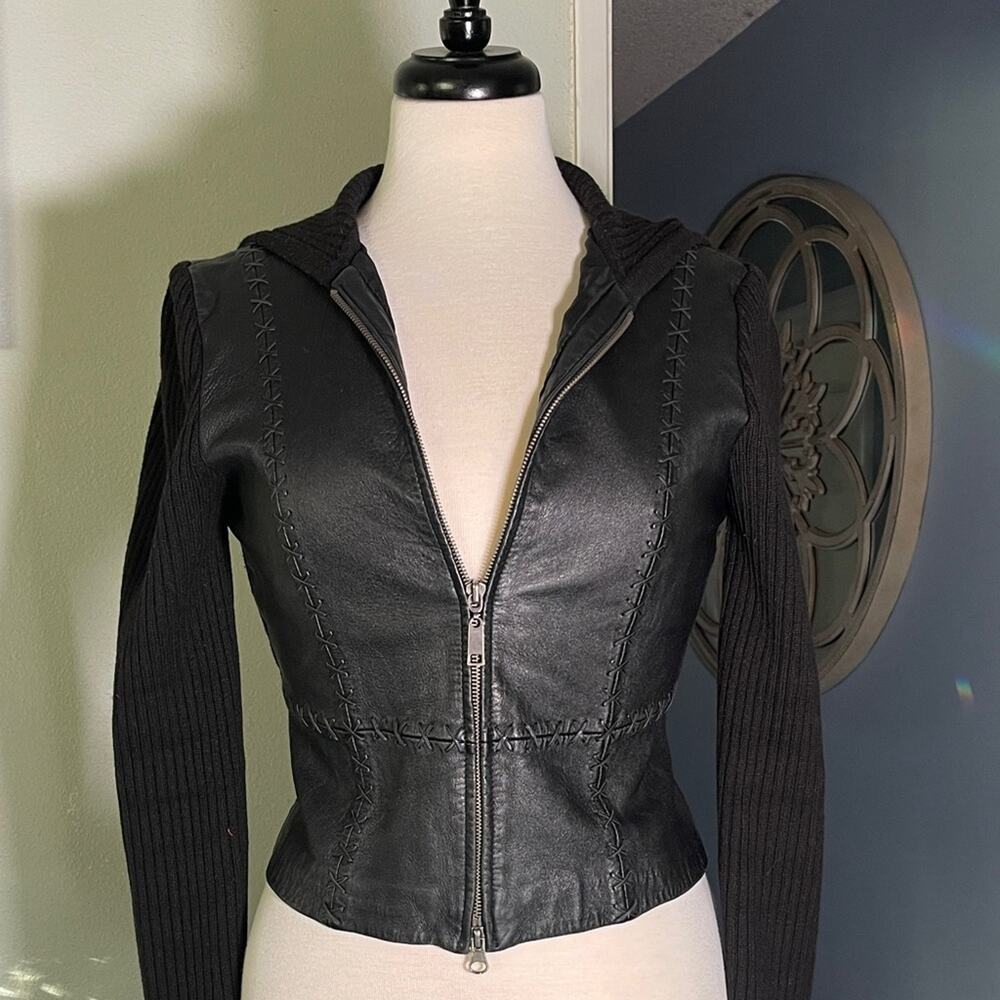 Source Unknown Black Leather Jacket with Knit Sleeves